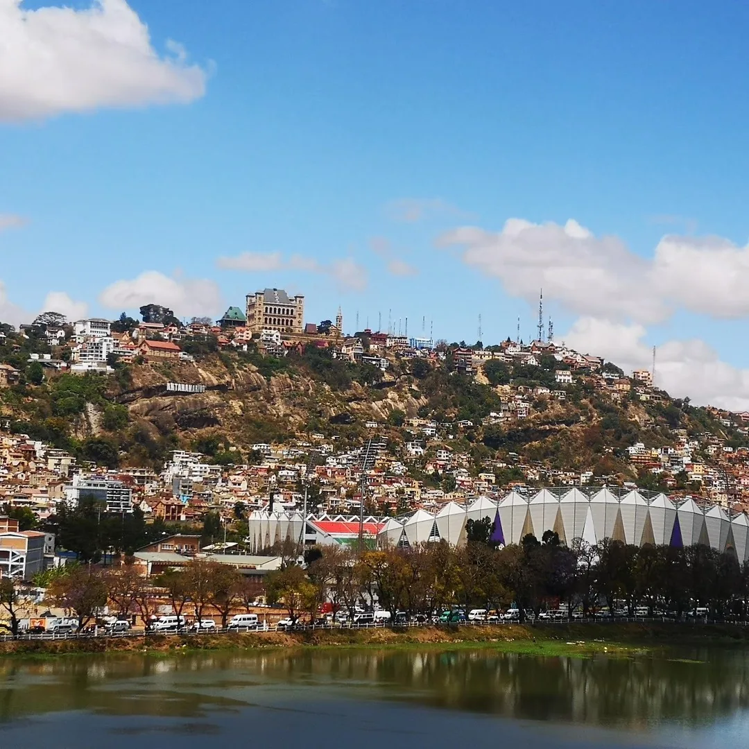 Antananarivo: houses climbing the hill to the Queen’s Palace, above the Mahamasina stadium and Lake Anosy