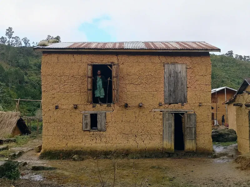 Traditional two-storey earth house in a highland village, Madagascar