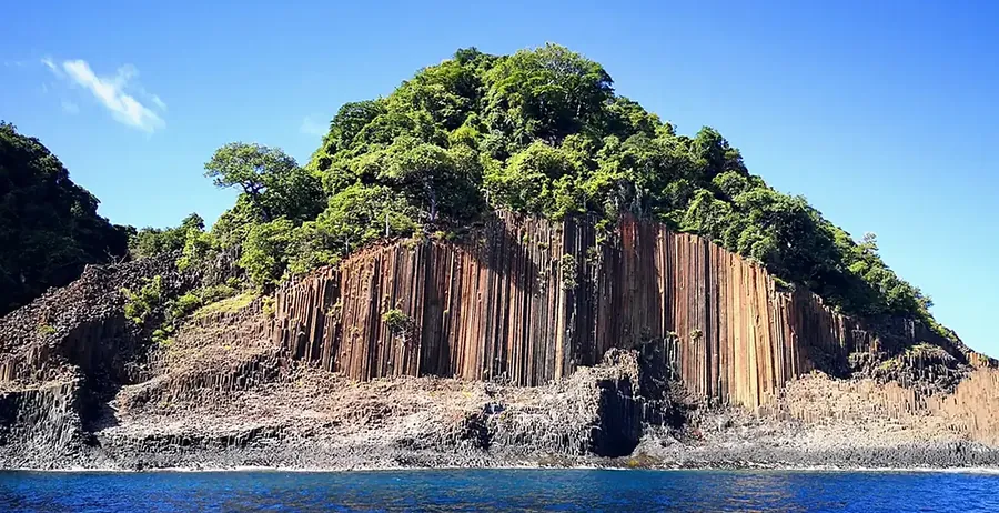 Basalt columns on a forested island off the north coast of Madagascar