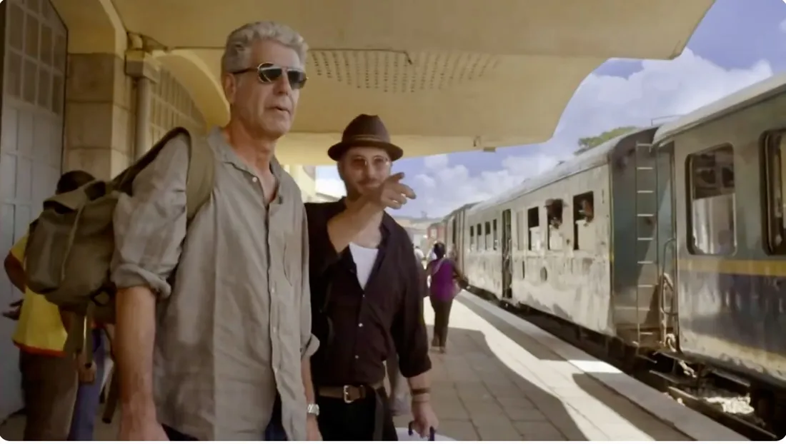 Anthony Bourdain at the Antananarivo train station during filming of Parts Unknown